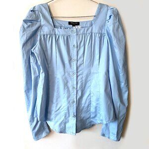 NWT Beulah Womens Pleated button square neckline puff long sleeves Top, Blue, L